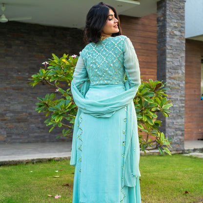 Turquoise Blue Anarkali and Sharara Set