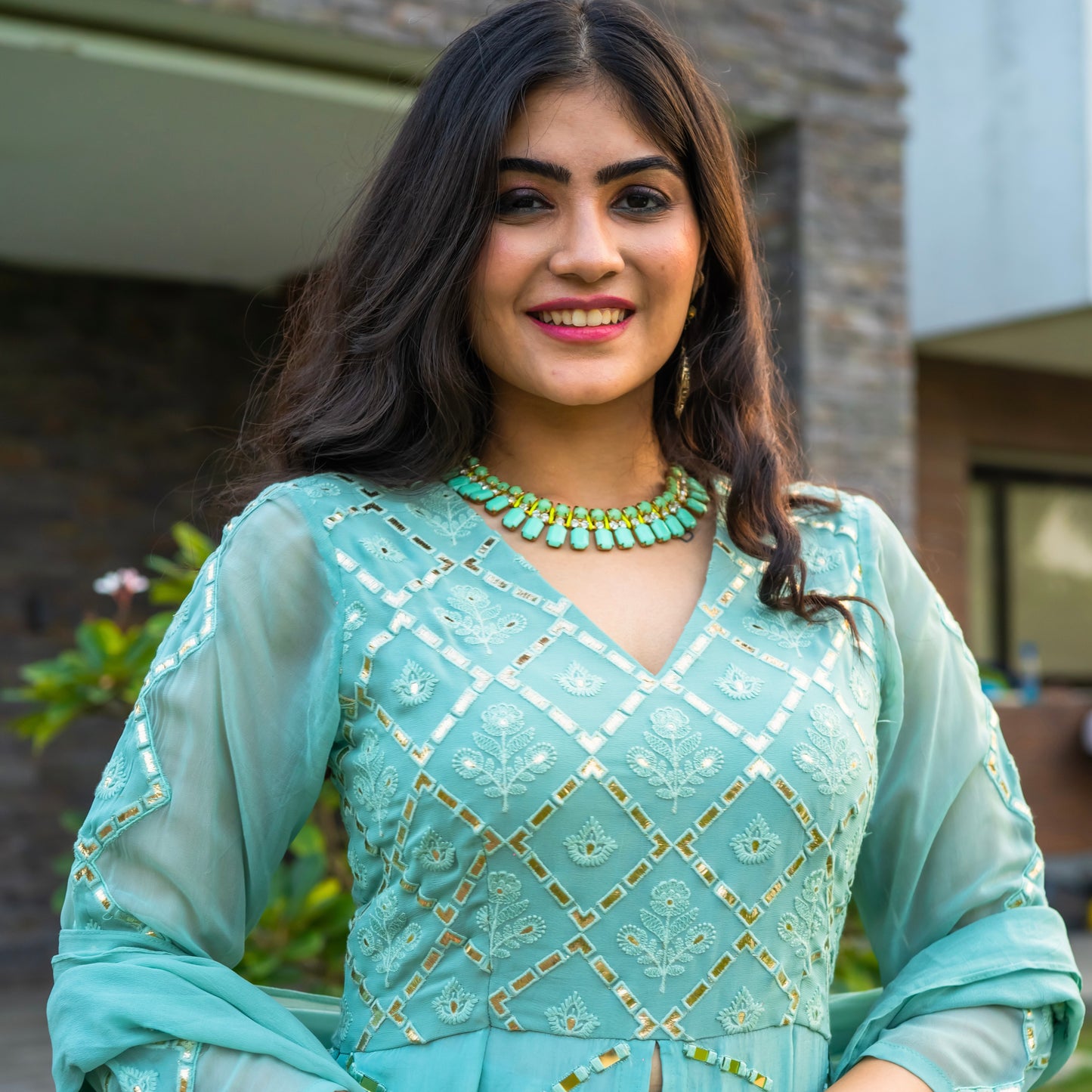 Turquoise Blue Anarkali and Sharara Set