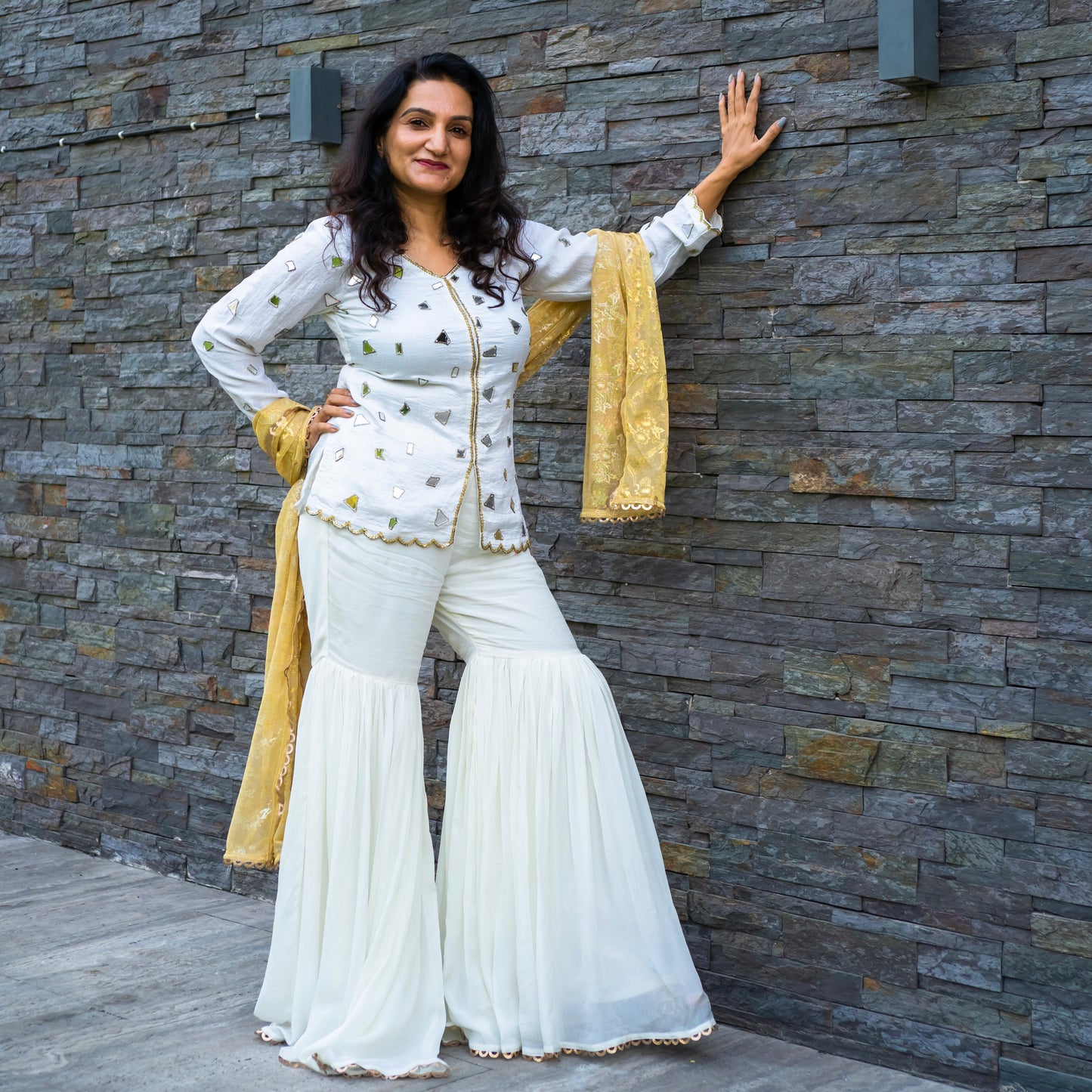 White Sharara Set with golden Dupatta