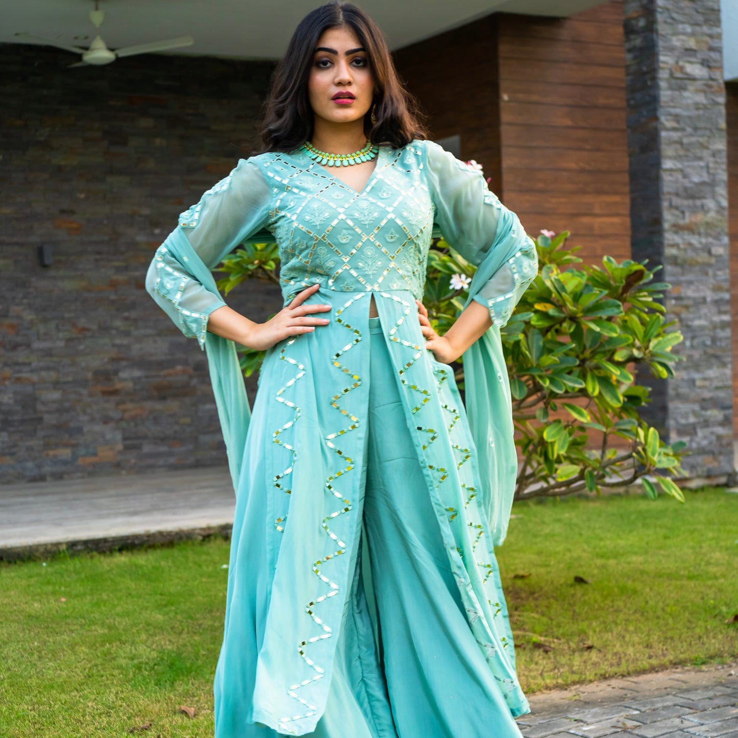 Turquoise Blue Anarkali and Sharara Set