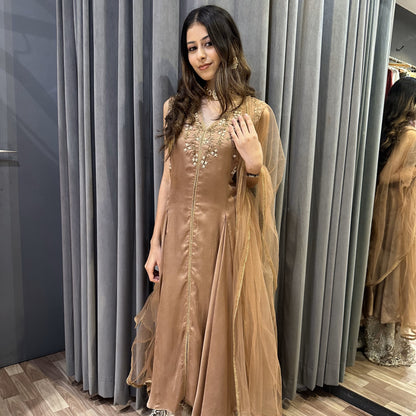 Brown Suit with Net Dupatta