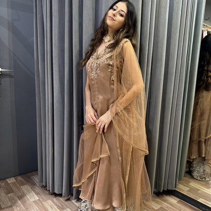 Brown Suit with Net Dupatta