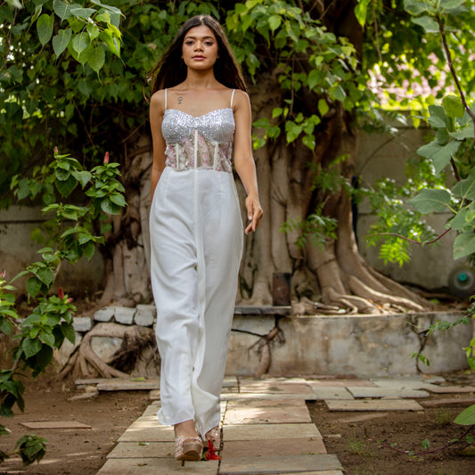 Corset Patterned White Jumpsuit