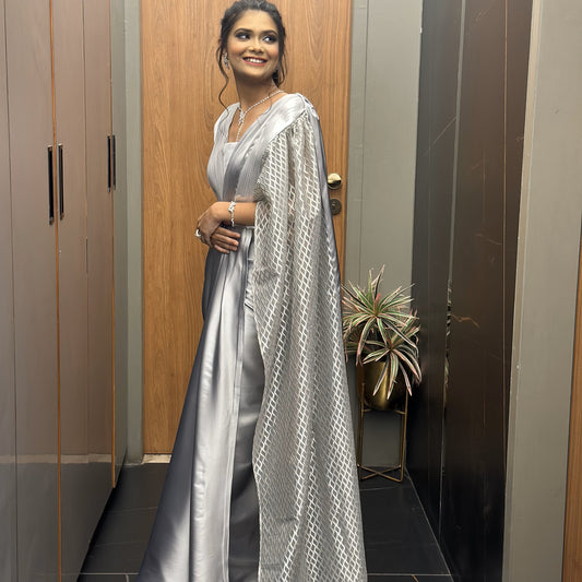 Pretty Silver Grey Drape Saree