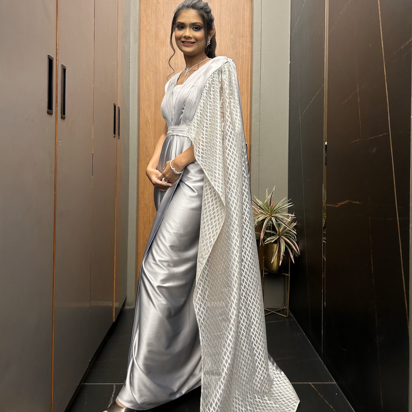 Pretty Silver Grey Drape Saree