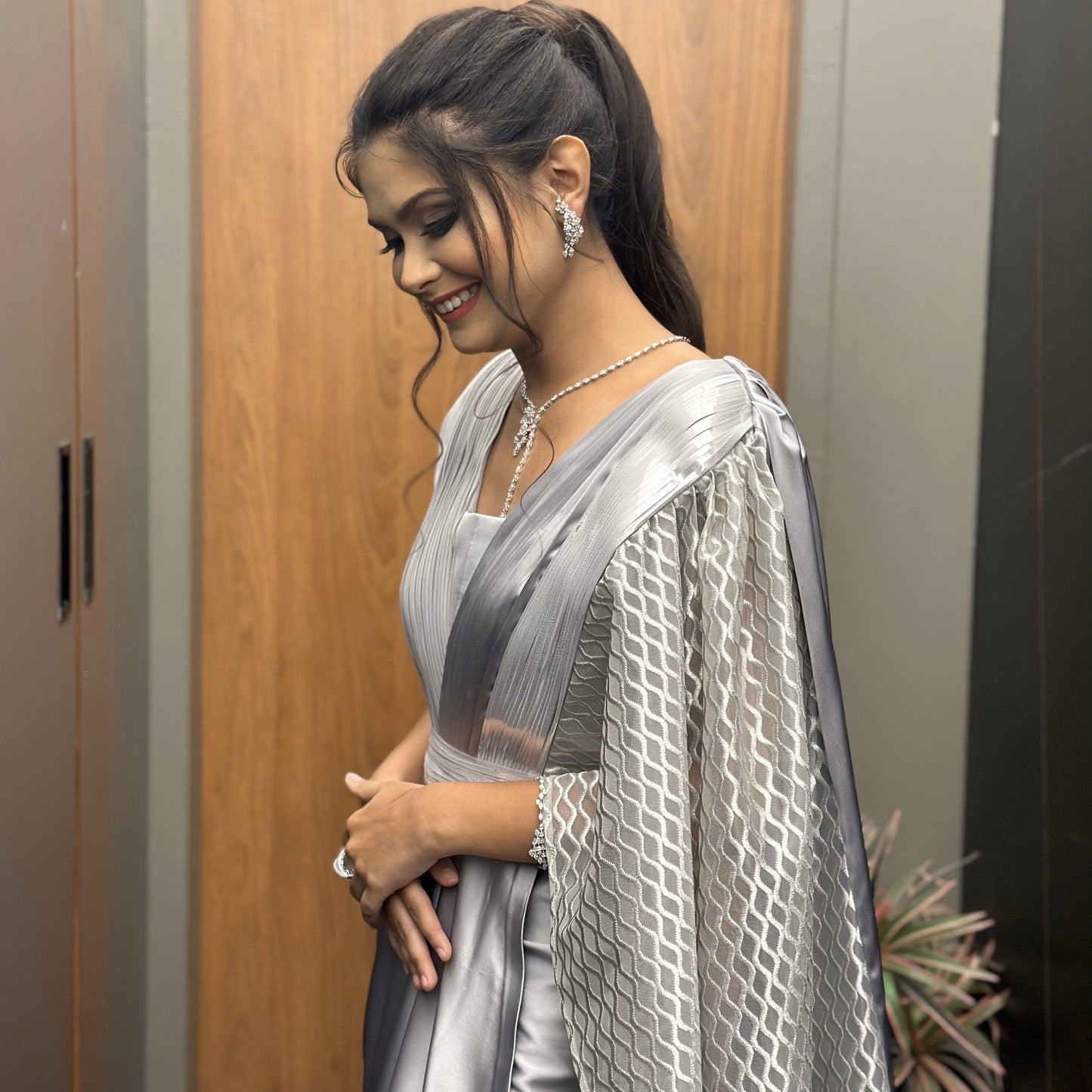 Pretty Silver Grey Drape Saree