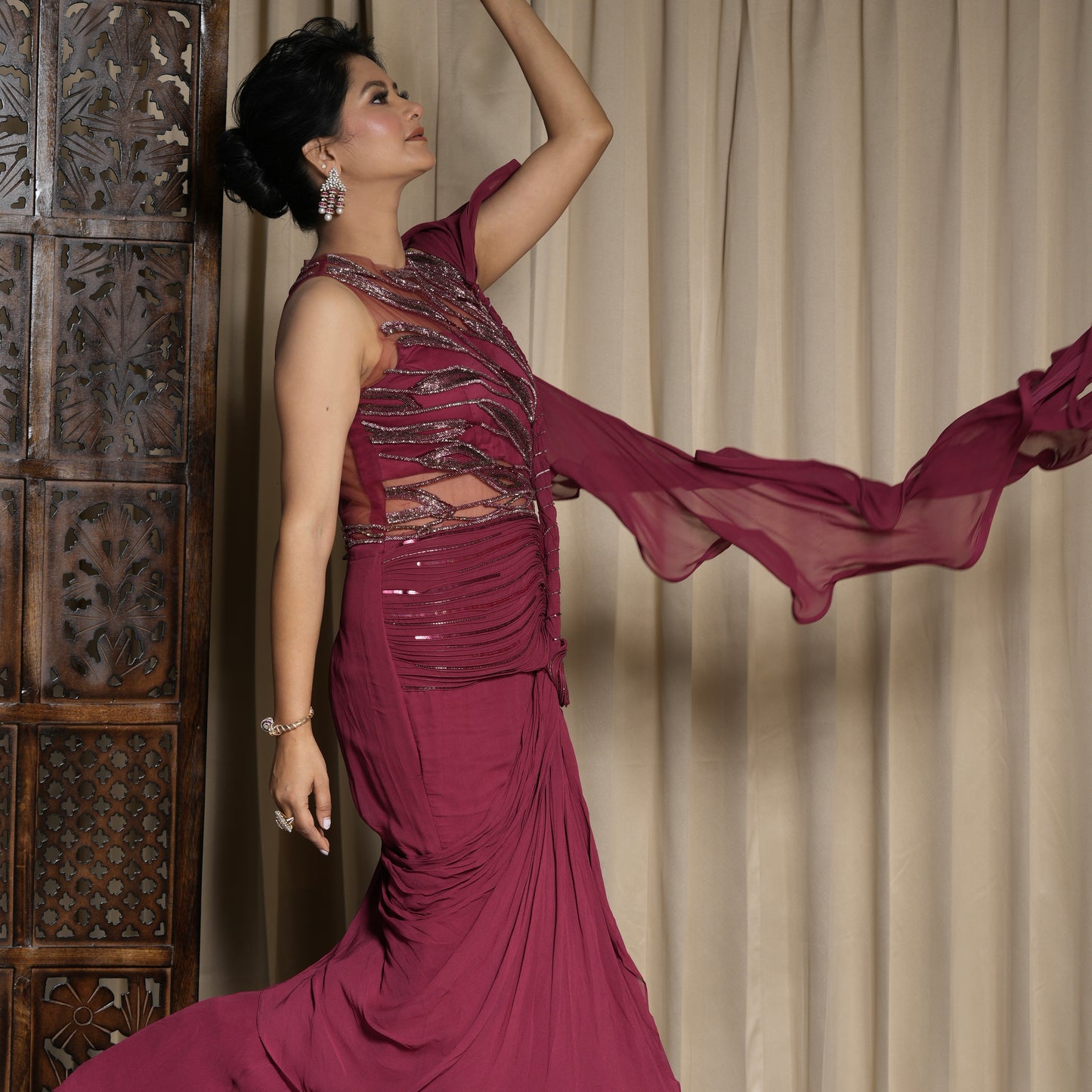 Maroon Draped Saree with Ruffle Pallu