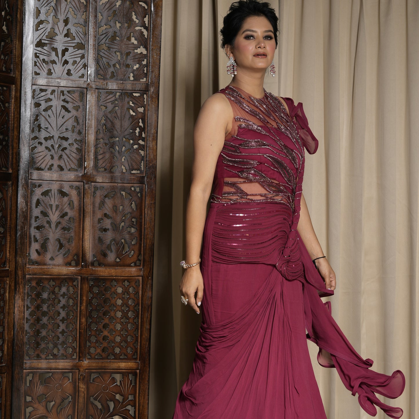 Maroon Draped Saree with Ruffle Pallu