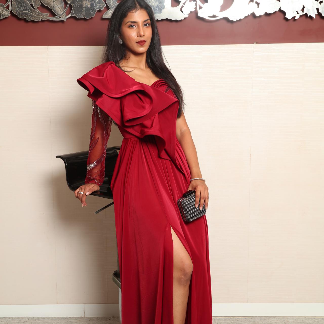 Exquisite Maroon Gown with Slit