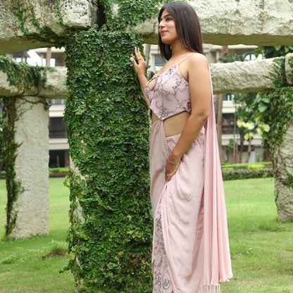 Nude Pink Sequence Drape Saree