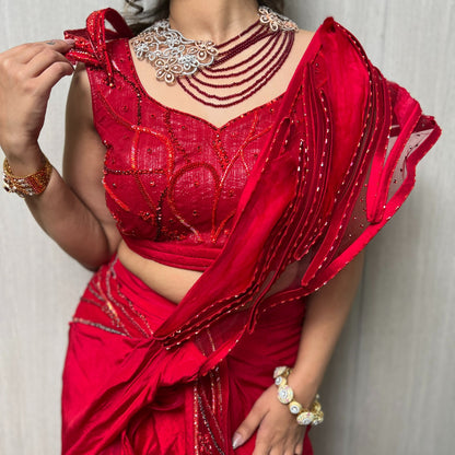 Cherry Red Shimmer Saree