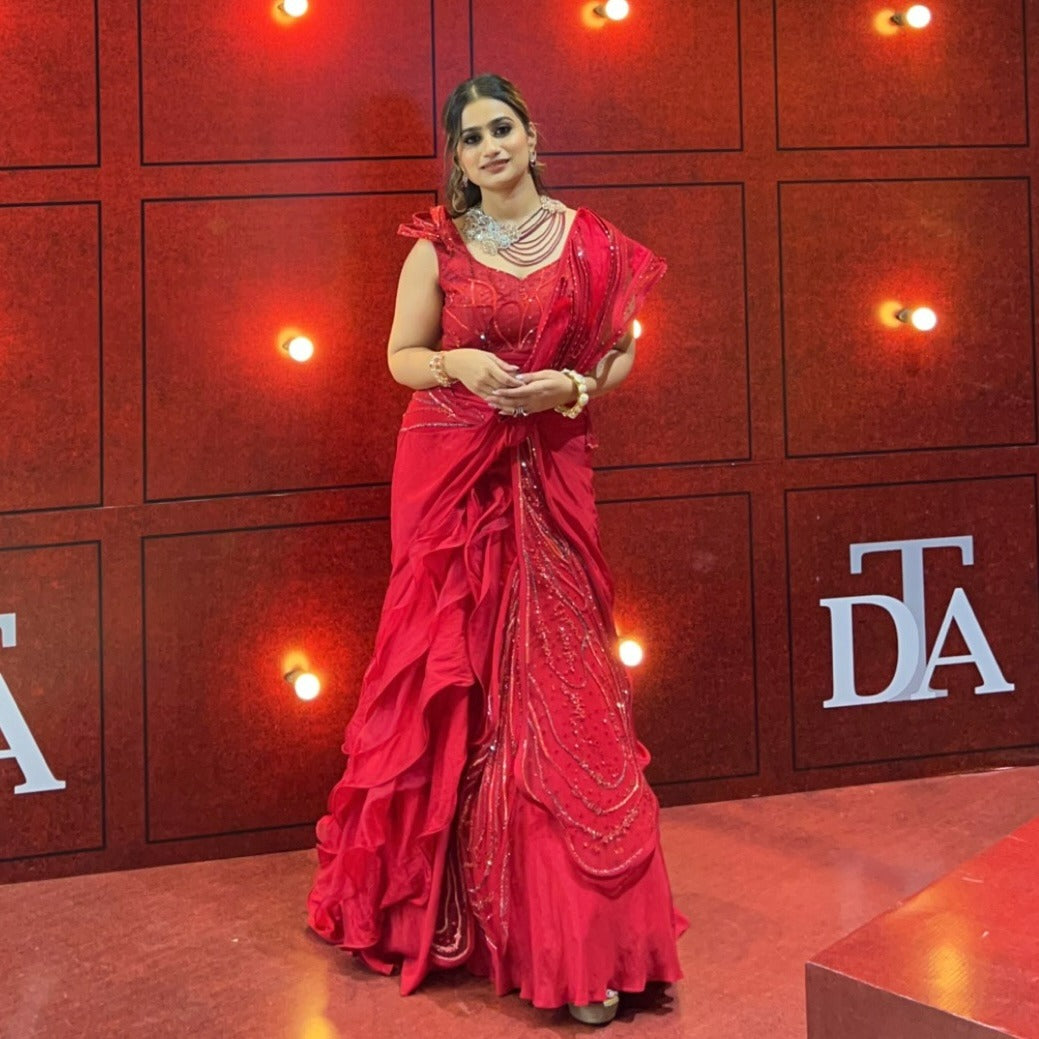 Cherry Red Shimmer Saree