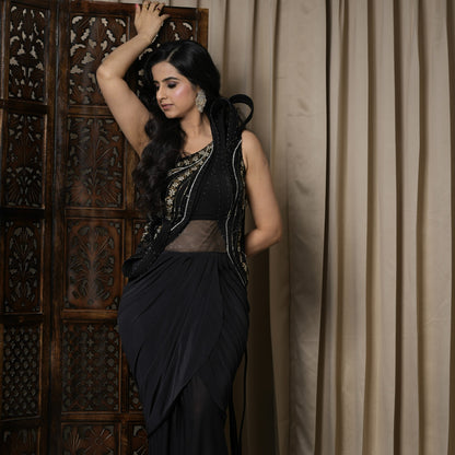 Elegant Black Net Drape Saree