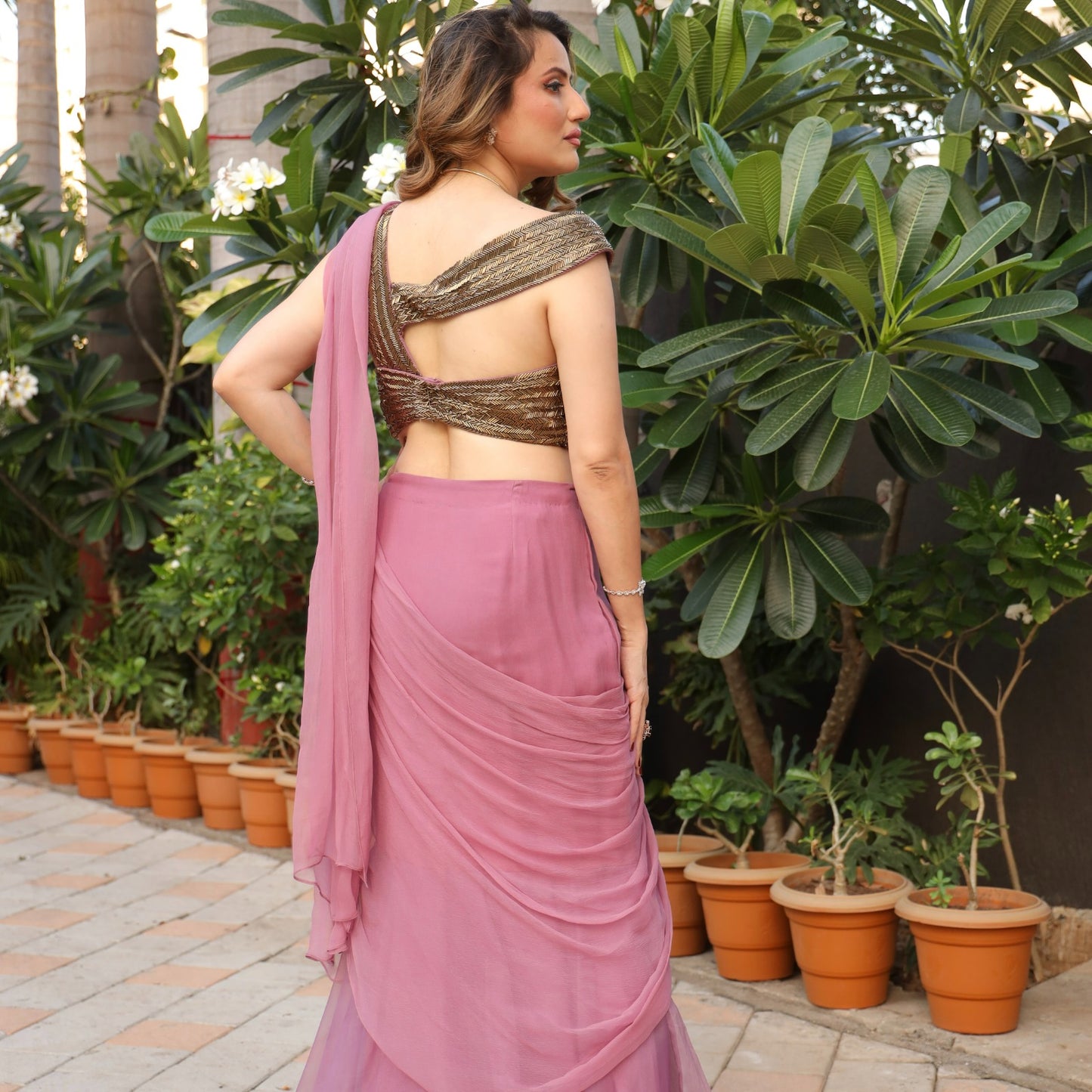 Onion Pink Mauve Saree with Worked Blouse Artistry