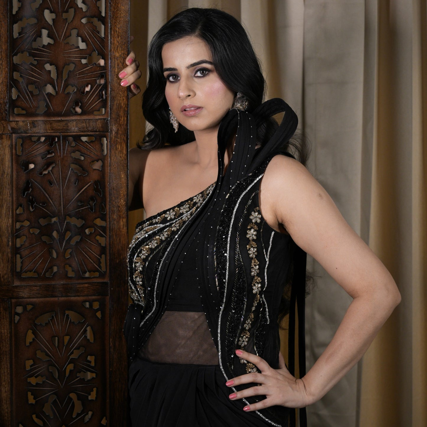 Elegant Black Net Drape Saree